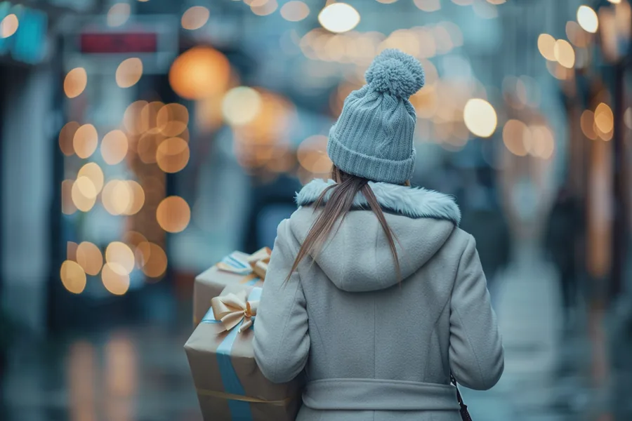 American woman carrying wrapped gift boxes down a boutique street on a winter afternoon