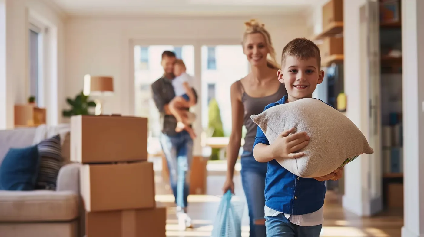 Cheerful American family carrying furniture into their sunlit new apartment funded with a rapid finance moving loan