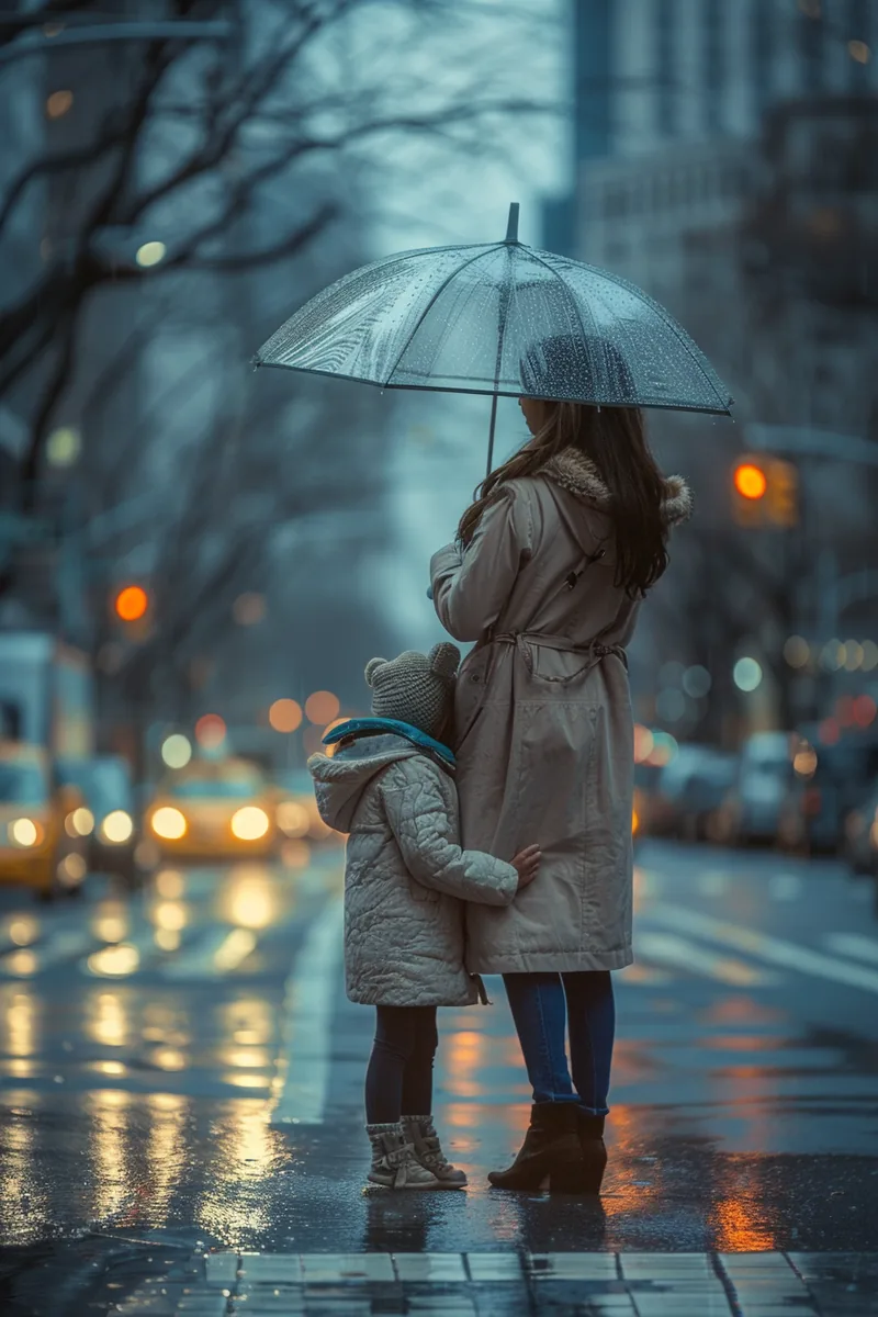 American mother sheltering her daughter under an umbrella at a rainy crosswalk during a stressful week