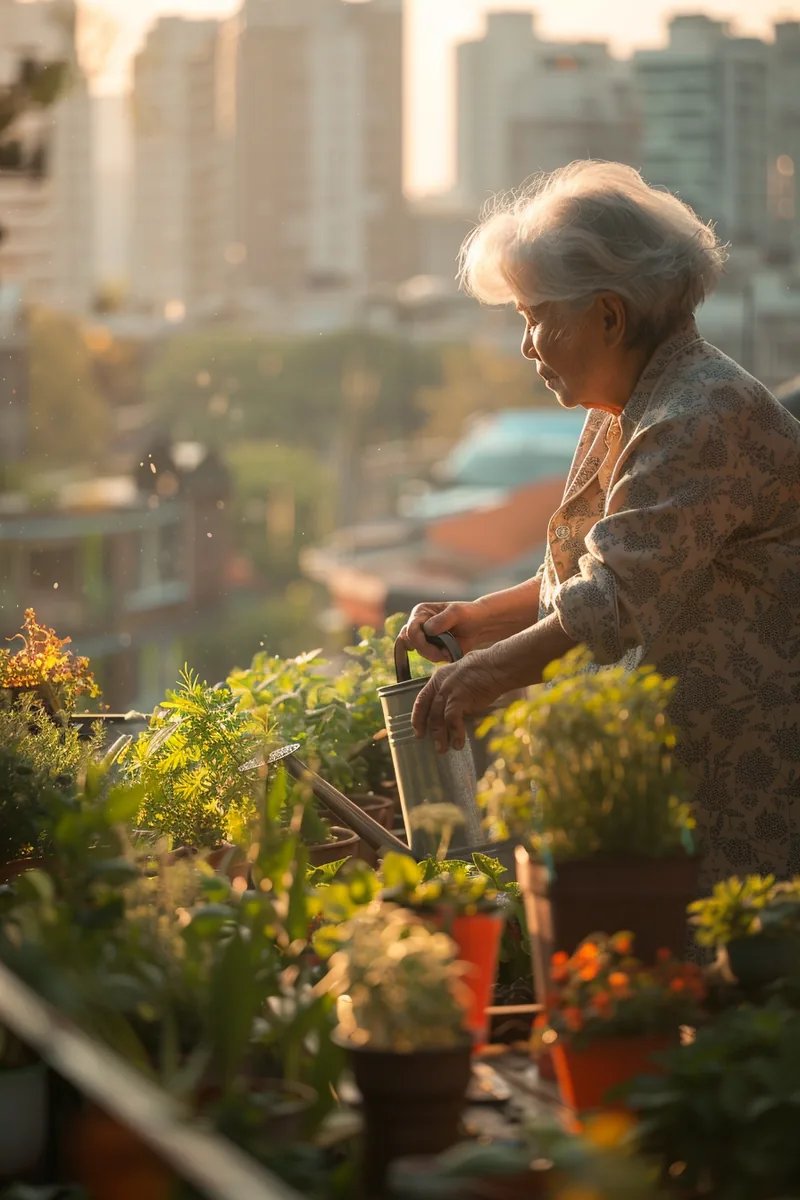 American grandmother tending her balcony herb garden at golden hour, enjoying financial stability in retirement