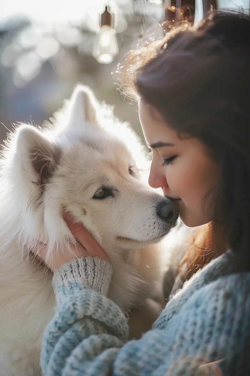 American girl gently brushing a fluffy samoyed on a porch in window light